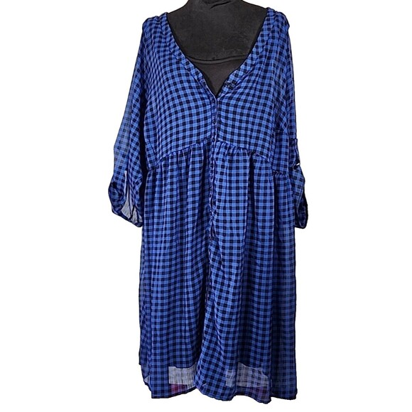 NWT - Torrid Plaid Shirt Dress Sheer w/ Liner Women Size 4 Blue Roll Tab Button - Picture 1 of 12